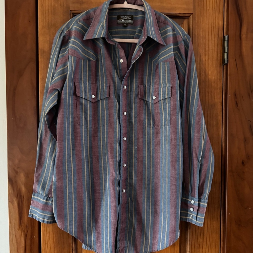 Vintage Outlaw Western Wear Pearl Snap Shirt Men’s Medium Navy Red Stripe LS